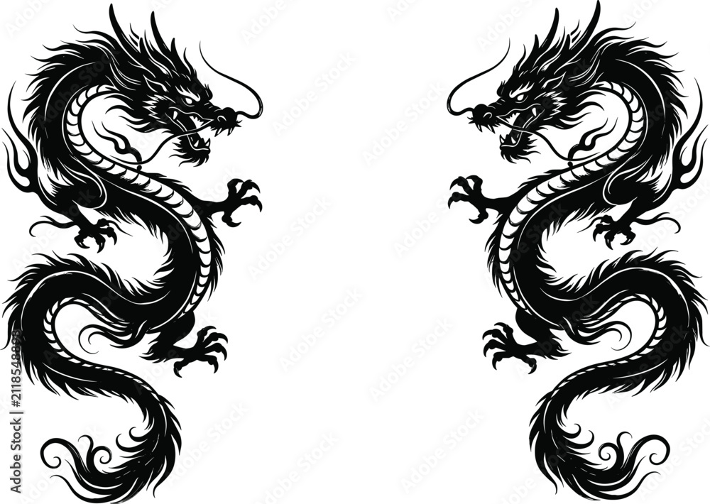 Fototapeta premium black Chinese dragon silhouettes facing each other, isolated vector illustration on white background