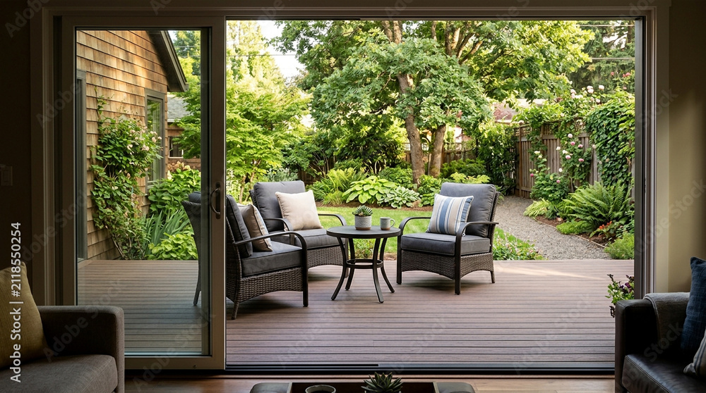 Fototapeta premium Cozy backyard patio with outdoor seating and lush garden view