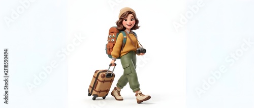 Animated character traveling with luggage and camera