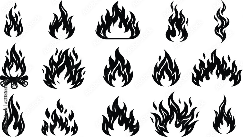 Fototapeta premium Set of black fire and flame silhouettes including campfire and burning tree vector illustration