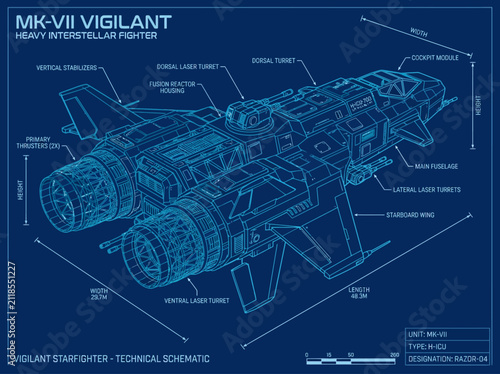 Fotografía Technical Blueprint of MK-VII Vigilant Heavy Interstellar Starfighter