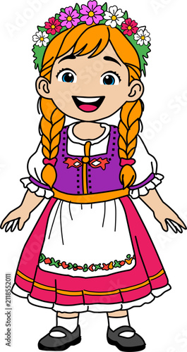 Cute European Girl Wearing Traditional Folk Costume Cartoon Vector Illustration