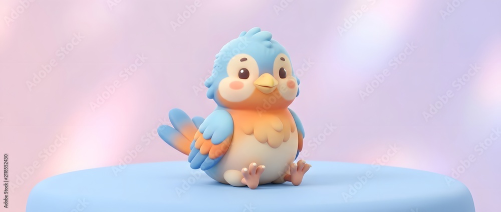 Fototapeta premium Cute cartoon bird figurine with blue and orange feathers sitting on a soft surface