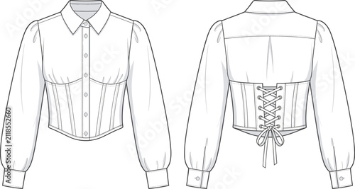 Bild auf Leinwand Womens corset waist button down blouse fashion flat sketch vector illustration