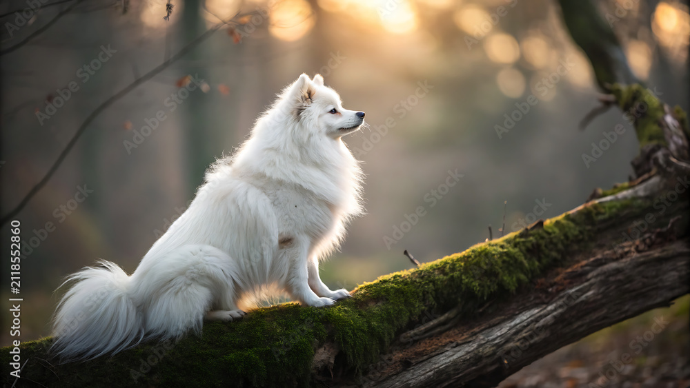 Obraz premium Fluffy white dog sitting on a mossy log. Cute Japanese Spitz portrait in a forest.