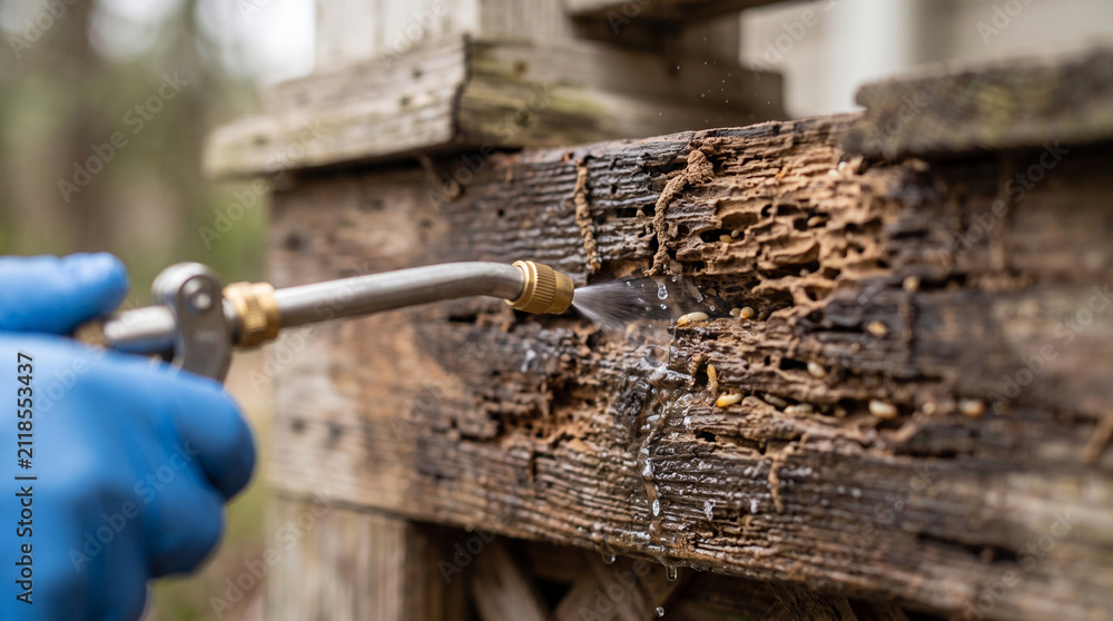 Obraz premium Macro shot of professional pest control spray treating a wooden structure infested with termites causing wood rot