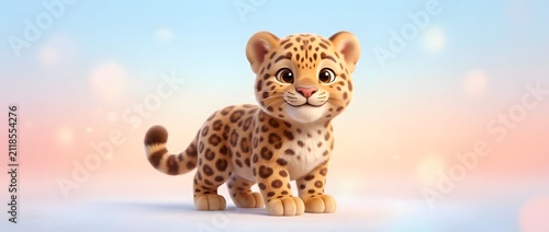 Cute cartoon leopard cub standing in soft pastel background