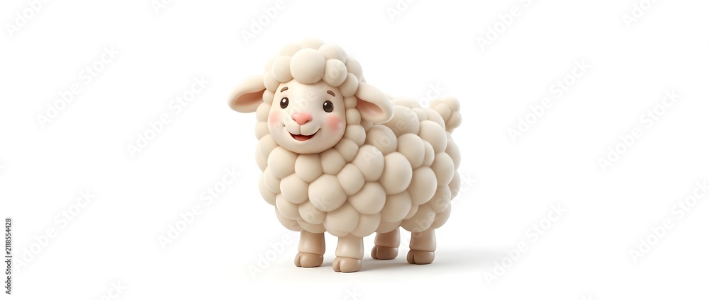 Fototapeta premium Fluffy cartoon sheep character with white wool isolated on white background