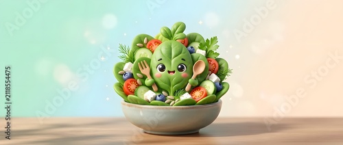 Cute cartoon salad character in a bowl with fresh vegetables and ingredients