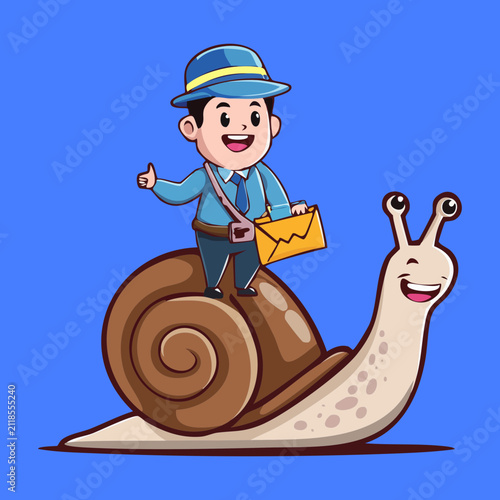 фотографія Snail postman riding on shell carrying mail vector illustration with hat and env