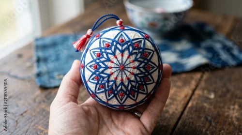 Hand holding intricate Japanese temari ball with geometric embroidery and red tassel