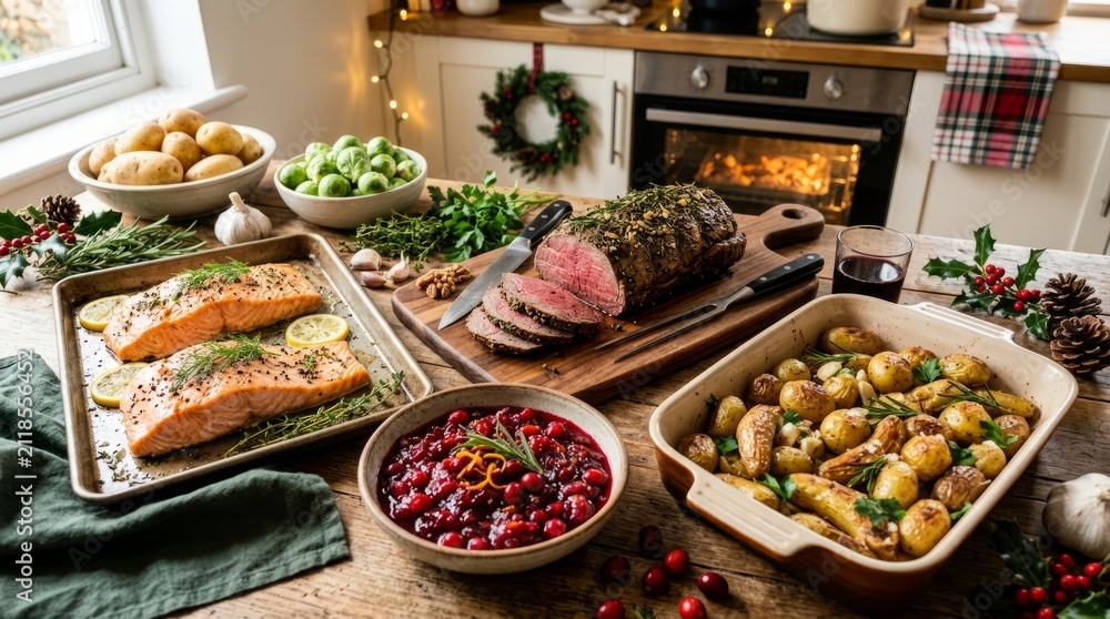 Fototapeta premium Festive holiday feast with roasted meats, salmon, and vegetables, ready for celebration.