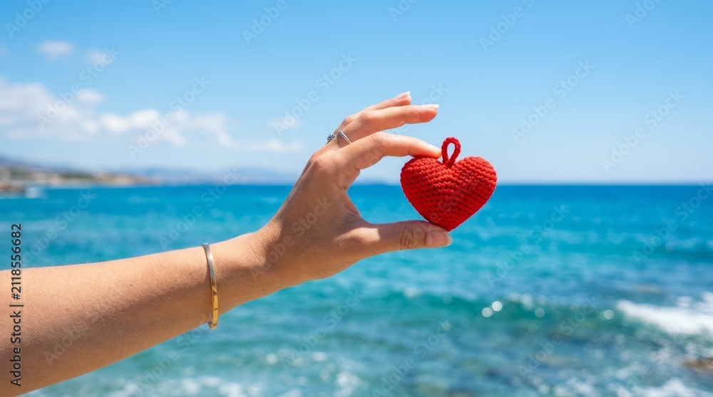 Fototapeta premium Hand holding a red heart against a vibrant blue ocean backdrop, symbolizing love and vacation.