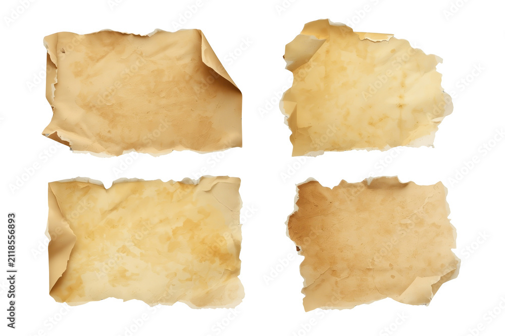 Fototapeta premium Set of four aged parchment cards isolated on transparent background