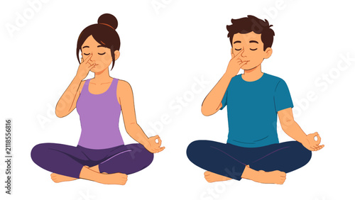 Obraz na płótnie Man and woman practicing alternate nostril breathing pose