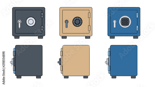 Set of secure safes with dial and keypad in front and side views