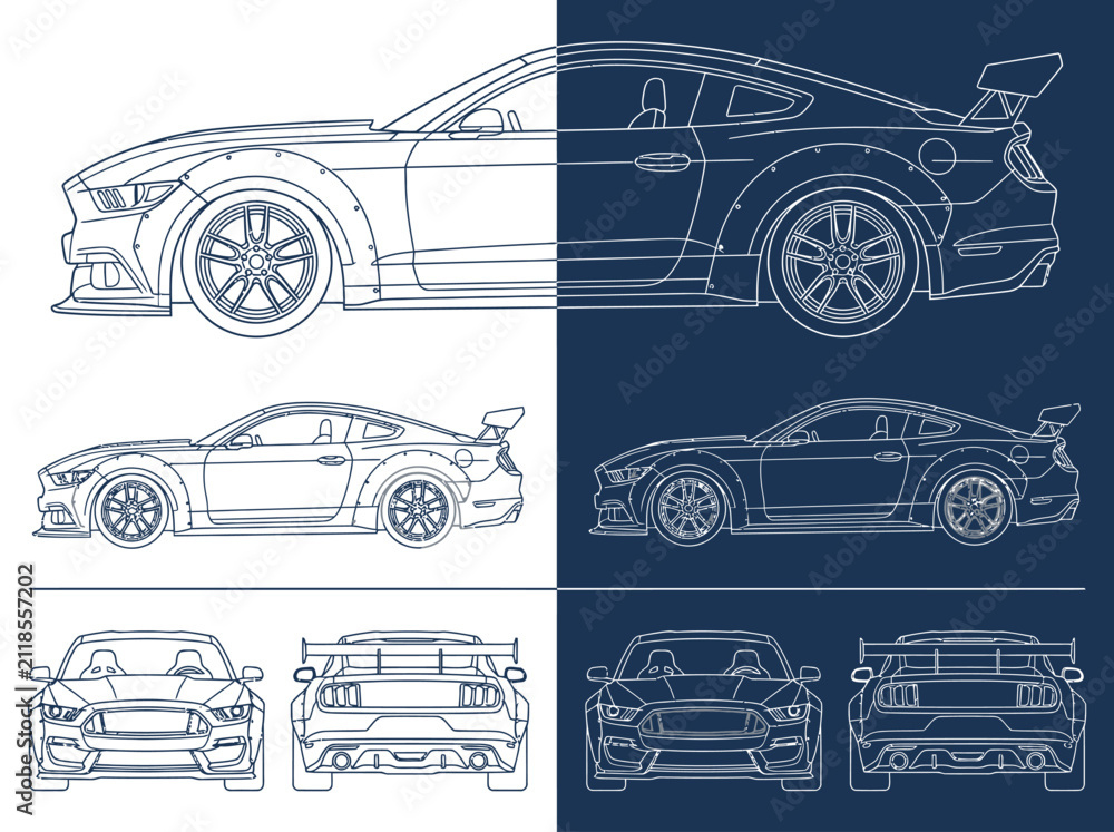Obraz premium Modern Sports Car Technical Blueprint Set with Front, Side, and Rear Views