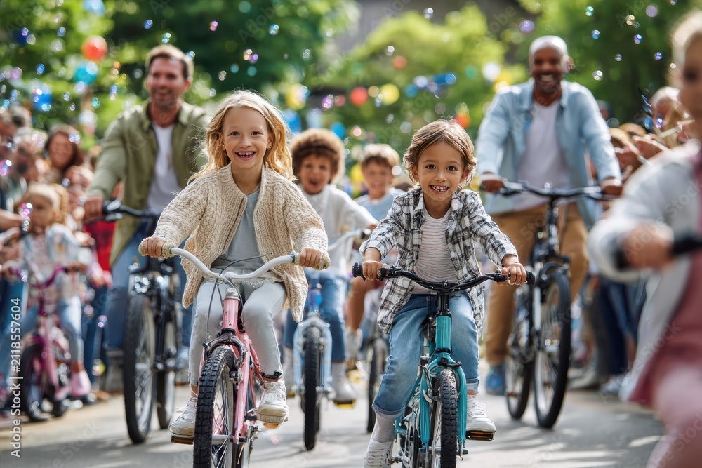 Fototapeta premium Kids riding bikes joyfully during a community event in a sunny neighborhood park