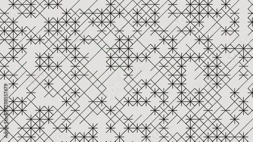 Repeated geometric star shapes and black lines on grey background in an intricate mathematical graphic design suitable for web backgrounds, packaging, textiles.