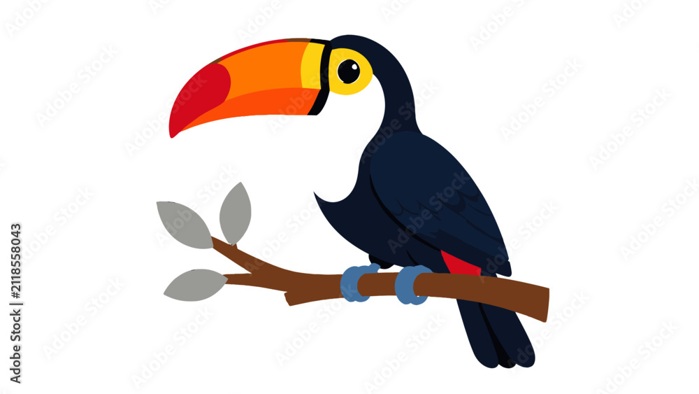 Fototapeta premium Colorful toucan bird perched on branch flat vector illustration