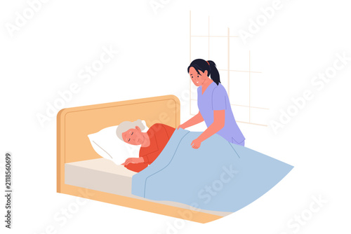 Illustration of Nurse Tucking Elderly Woman into Bed for Sleep. A caring female nurse gently pulling a blanket over a sleeping elderly woman in a cozy bedroom bed