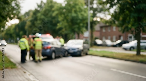 Blurred car accident scene emergency responders police fire brigade road collision insurance concept urban traffic incident