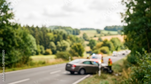car accident scene blurred rural road emergency services ambulance response rescue highway safety collision impact traffic bokeh background