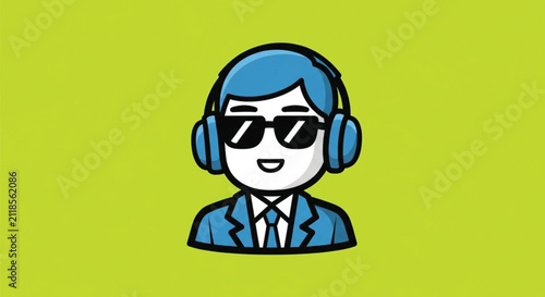 Bold Cartoon Character with Headphones and Sunglasses on Neon Green Background