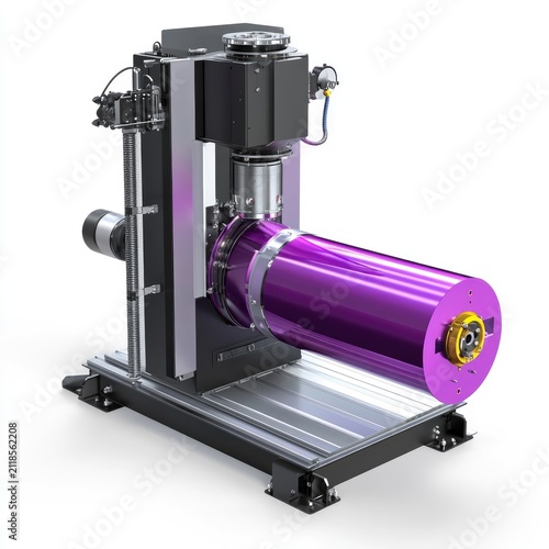 3D render of a laser welding machine with a purple cylinder, white background, high-resolution photography.