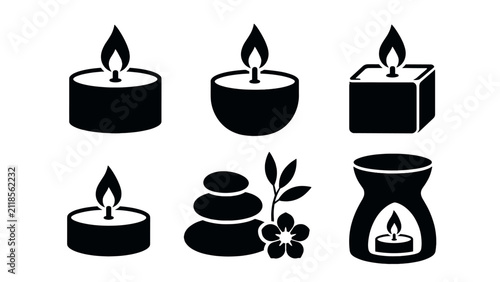 Cuadro en lienzo Black spa candle and aroma burner icon set