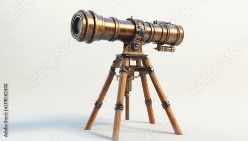 3D render of a steampunk telescope on a wooden tripod, against a white background.