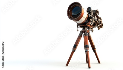 3D render of a steampunk telescope on a wooden tripod, against a white background.