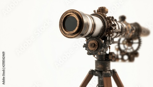 3D render of a steampunk telescope on a wooden tripod, against a white background.