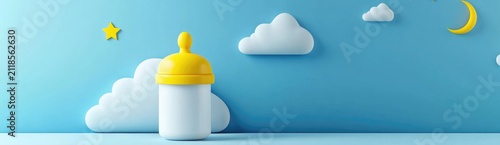 3D rendering of a baby bottle with a yellow lid and a white body, in a cartoon style, with a moon and stars in the background