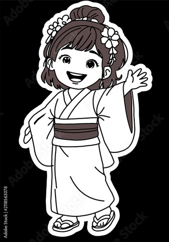 Cute Japanese Girl Wearing Pink Kimono Waving Hand Cartoon Character Vector Illustration