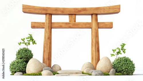 3D rendering of a simple Japanese torii gate, in a cartoon style with simple geometric shapes on a white background.