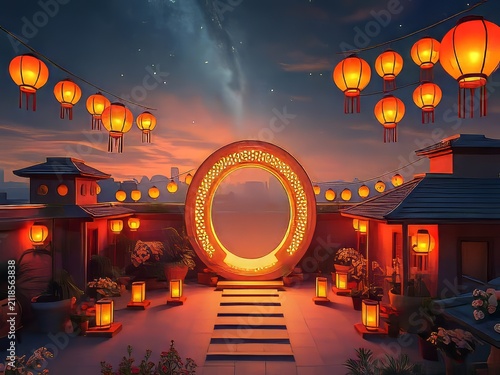 Chinese Temple Night View Illuminated with Colorful Festival Lights and Urban Amusement Park Atmosphere in Vibrant City Landscape