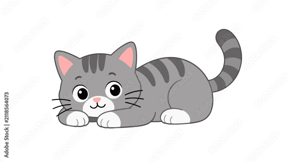 Fototapeta premium Cute gray tabby cat lying down cartoon vector illustration