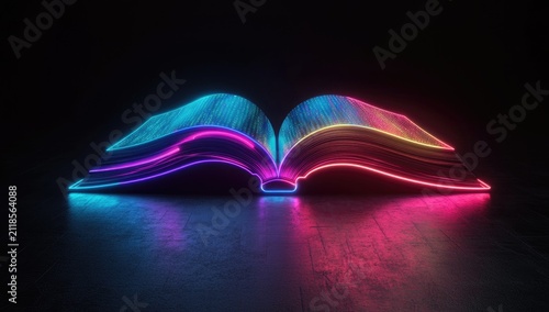 3D rendering of an open book with a colorful neon light effect on a black background, illuminated and glowing in the dark. Concept for digital learning