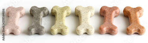 6 dog treats in the shape of bones, each one is a different color and texture, on a white background