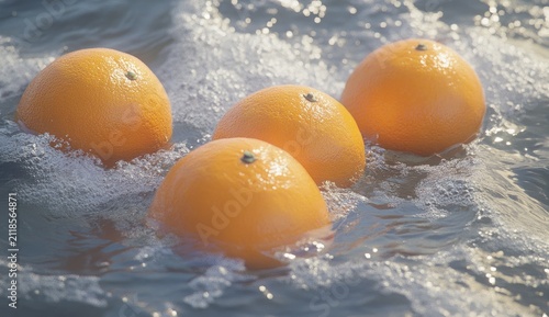 7 oranges floating in the water, orange slices suspended on top of them, dark background, orange color scheme, high-definition photography