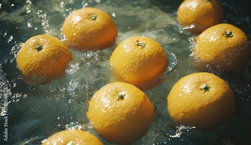7 oranges floating in the water, orange slices suspended on top of them, dark background, orange color scheme, high-definition photography