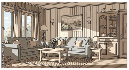 Cozy living room with large windows, sofa, coffee table, and scenic mountain view. Modern interior design with bold outlines.