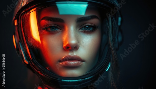 A beautiful woman in the style of Cyberpunk, portrait, close-up, black background