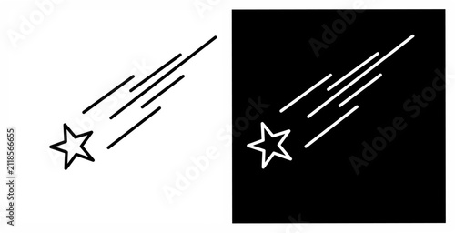 Minimal shooting star icon in positive and negative styles. Elegant meteor outline symbol isolated on white and black backgrounds for UI and design.