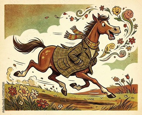 Adorable dressed up horse galloping happily through wildflowers under a bright sun