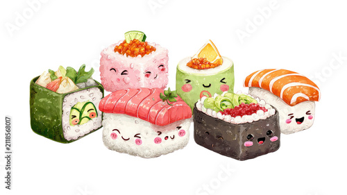 cute kawaii sushi assortment with colorful Japanese food characters and smiling faces isolated on white background 