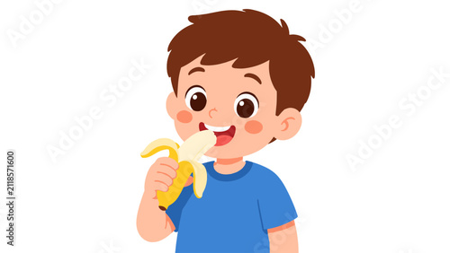Cartoon boy eating a peeled banana on white background