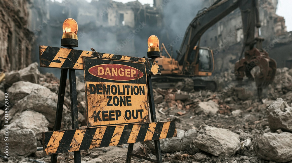 Naklejka premium Demolition Site Danger: A stark warning sign, Danger Demolition Zone Keep Out, stands prominently in the foreground of a rubble-strewn site where a large excavator is actively engaged in demolition.