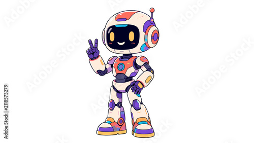 Konstfotografi Cute cartoon humanoid robot character making peace sign